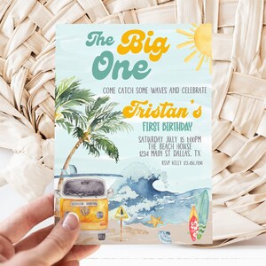Editable The Big One Birthday Party Invitation Any Age, Wave Surfer Birthday, Retro Surfboard Beach Party, Surf&#39;s Up Invite Printable 0145