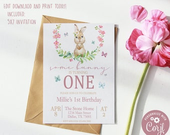 Some Bunny is One Editable First Birthday Invitation, Girl Pink Bunny Invitation, Spring 1st Birthday Invitation