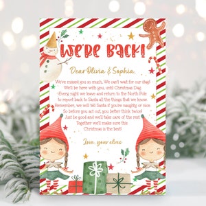 Carta de saludo de elfo editable, carta de llegada de elfos de las hermanas, kit de elfos hermanos, carta de regreso, carta de elfos de la niña de Navidad imprimible 0203
