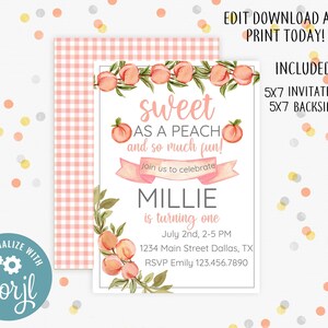 Bearbeitbare Süße Pfirsich Erster Geburtstag Einladung Printable