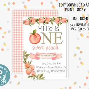 Eine Süßer Pfirsich Bearbeitbare Einladung zur ersten Geburtstagsfeier, Süß wie ein Pfirsich 1. Geburtstag einladen, Pfirsich Sweet One