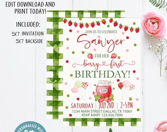 Strawberry First Editable Birthday Invitation, Berry 1st Birthday Party Invitation, Berry First Invite
