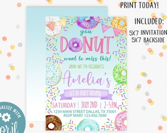 Donut Want to Miss This Birthday Invitation, Sprinkle Birthday Invite, Birthday Invite, Doughnut Birthday Invitation