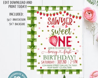 Strawberry Editable Sweet One Birthday Invitation, Berry 1st Birthday Party Invitation, Berry First Invite, Berry First Birthday Invite
