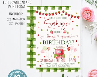 Strawberry Editable Berry Sweet Birthday Invitation, Berry 1st Birthday Party Invitation, Berry First Invite, Strawberry 2nd Birthday