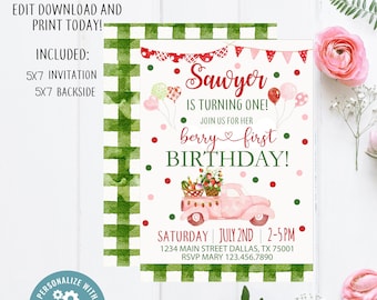 Strawberry Pink Truck Editable Sweet One Birthday Invitation, Berry 1st Birthday Party Invitation, Berry First Invite, Berry Sweet