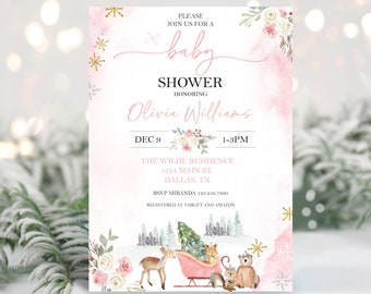 Editable Pink Winter Wonderland Baby Shower Invitation, Christmas Baby Shower Invite, Winter Woodland Baby Shower, Adventure Printable 0199