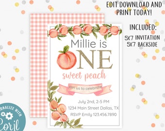 One Sweet Peach Editable First Birthday Party Invitation, Sweet as a Peach 1st Birthday Invite, Peach Sweet One