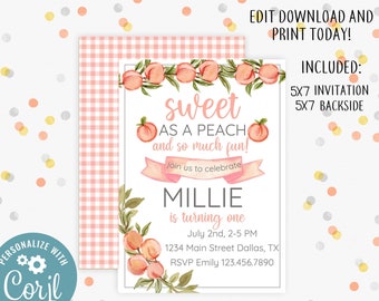 Editable Sweet Peach First Birthday Invitation Printable