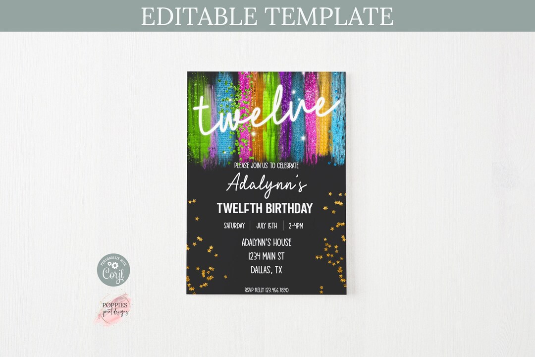 Editable Neon Birthday Invitation, Twelfth Birthday Invite, Neon ...