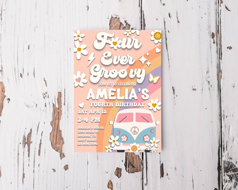 Editable Four Ever Groovy 4th Birthday Invitation Daisy Birthday ...