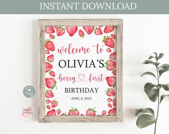 Editable Strawberry Berry First Birthday Welcome Sign Sweet Strawberries Welcome Sign Poster Instant Download Birthday Printable 0150