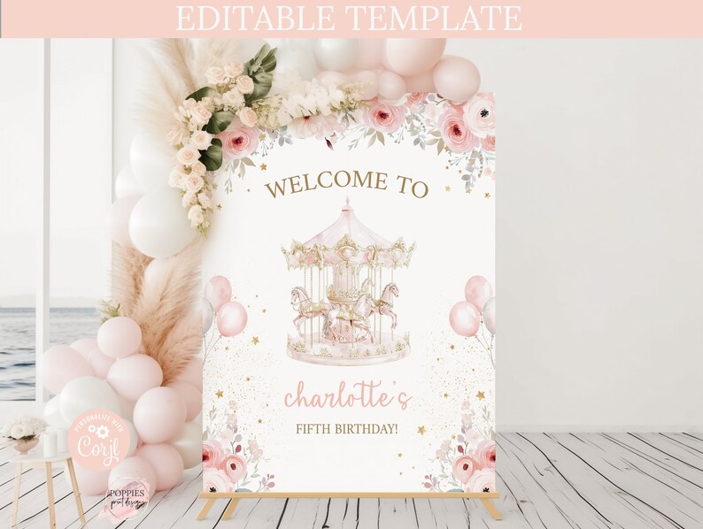 Carousel Horse Party Birthday Welcome Sign Editable Carnival Birthday ...