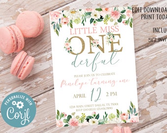 May include: A printable 5x7 inch invitation for a first birthday party. The invitation features a floral design with pink and white flowers, green leaves, and a gold glitter "ONE" with the text "Little Miss One Derful". The invitation also includes the name "Penelope" and the date "April 12".