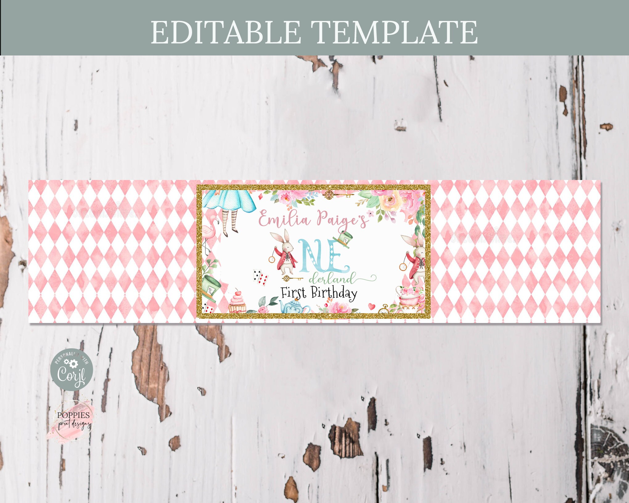 Editable Alice in Wonderland Birthday Party Bottle Label Onderland ...