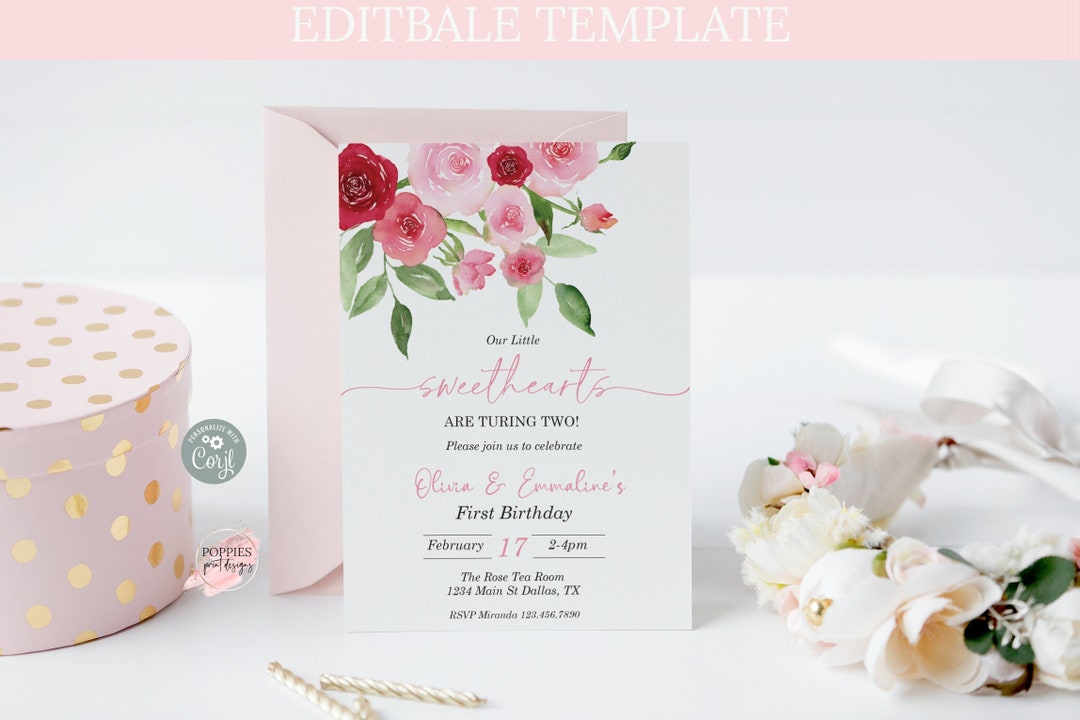 February Invite Editable Twins Valentine's Birthday Invitation, Floral Heart Birthday ...