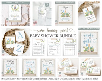 Paquete de ducha de bebé de Peter Rabbit editable, paquete de ducha de bebé de conejito, paquete de decoración de invitación de Peter Rabbit Flopsy Bunny Shower imprimible 0123