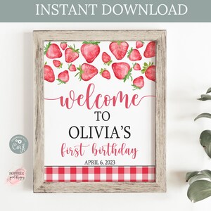 Bearbeitbare Erdbeere Vichykaro Beere Süße Geburtstag Willkommensschild Süße Erdbeeren Willkommensschild Poster Sofort Download Printable 0150