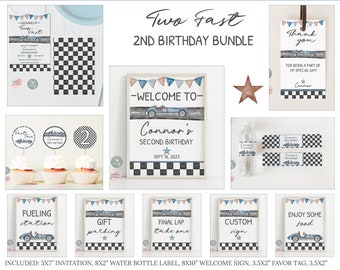 Editable Race Car Two Fast Second Birthday Bundle Racing Party Package Vehicle 2nd Birthday Decor Bundle Printable Race Invitation 0131