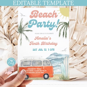 Editable Beach Birthday Party Invite Gender Neutral Wave Surfer Birthday Any Age Retro Van Surfboard Surf&#39;s Up Invitation Printable 0245