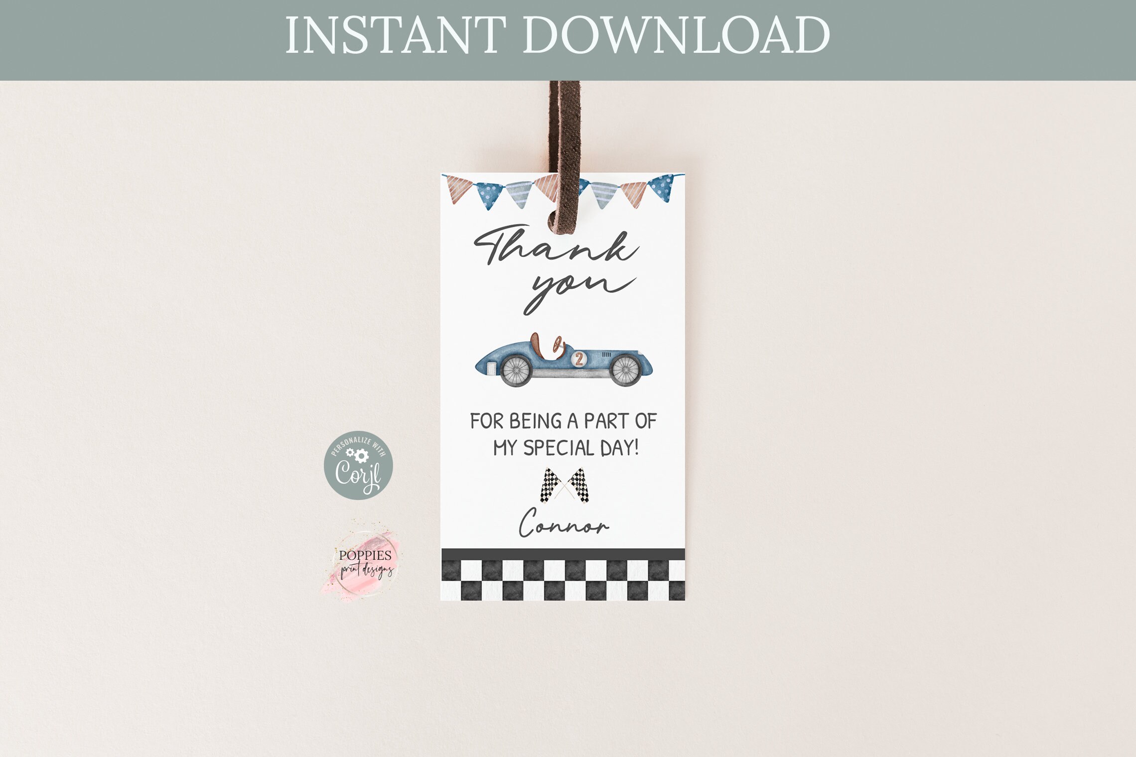 Editable Blue Racing Car Birthday Thank You Tag Two Fast Birthday Fast ...