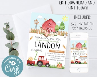 Boys Red Barn Birthday Party Invitation, Oink Cluck Baa Moo, Second Birthday Invitation, Farm Animal Party