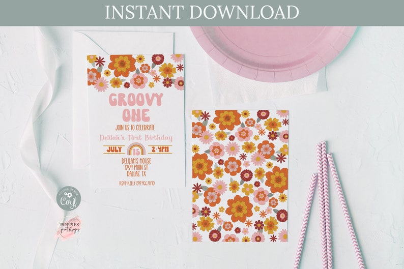 Editable Groovy One 1st Birthday Invitation Daisy Birthday Retro Floral ...
