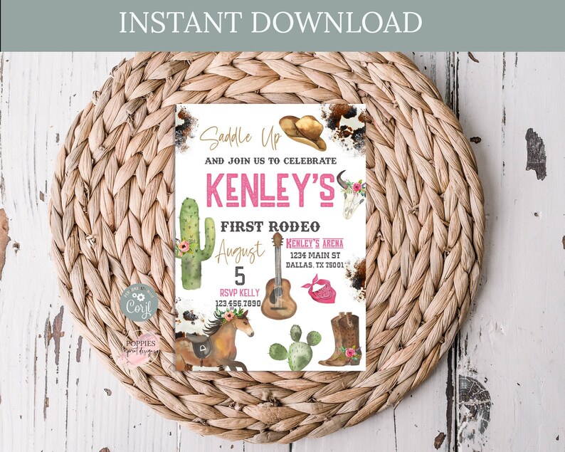 Pink First Rodeo Birthday Invitation, Country Western 1st Birthday ...