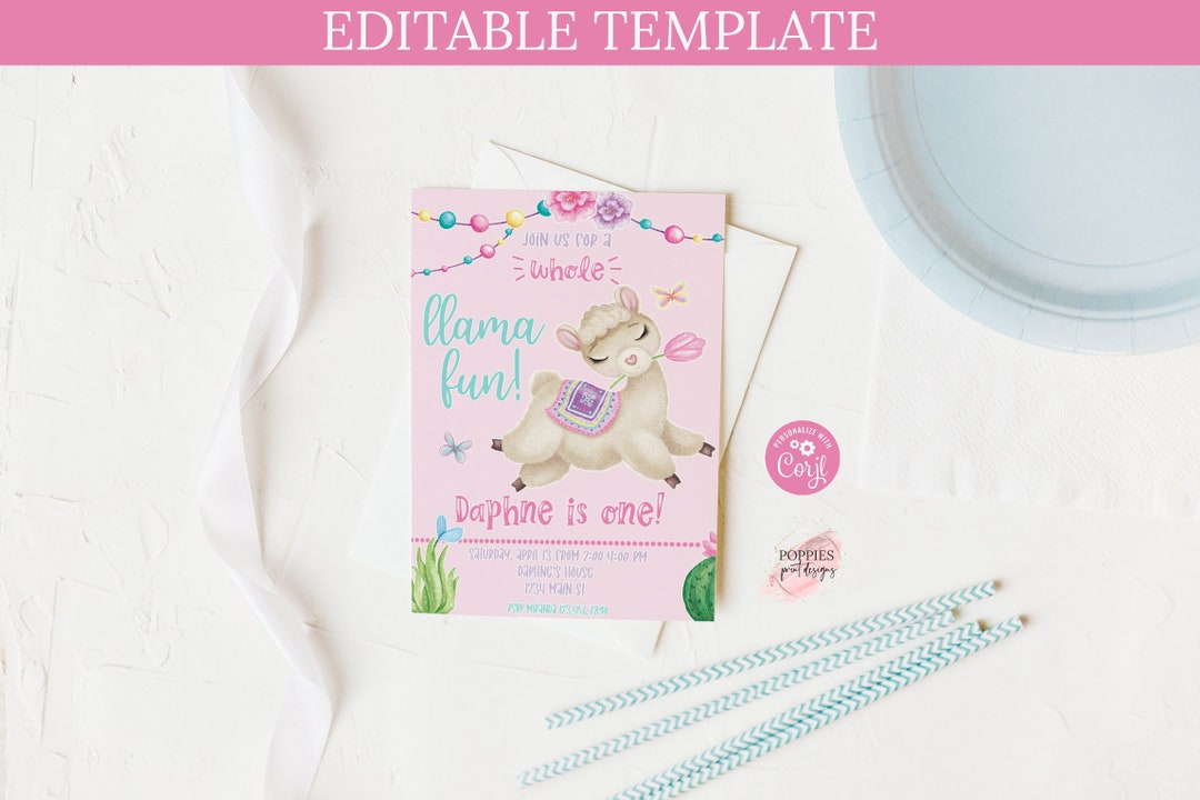 Editable Pink Llama Birthday Party Invitation, A Whole Llama Fun ...