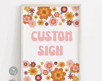 Panneau personnalisé modifiable d'anniversaire floral rétro, fête d'anniversaire groovy des années 70, panneau de bienvenue du festival hippie imprimable 0135