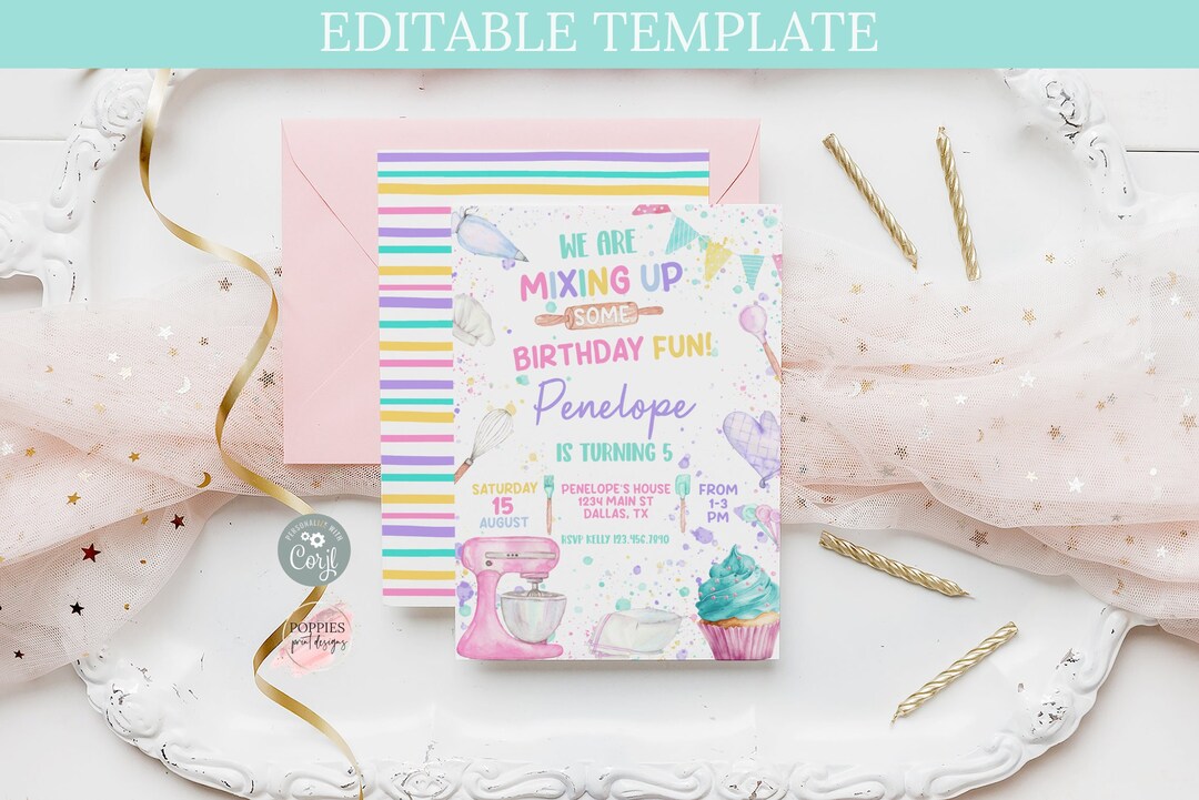 Editable Baking Birthday Invitation, Girl Baking Party Invite, Cupcake ...