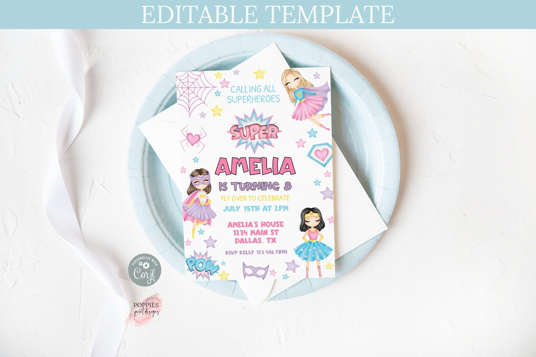 Editable Girl Superhero Birthday Party Invitation, Super Girl Birthday Invite, Pastel Superhero Birthday Invitation Printable 0159