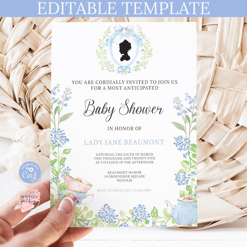 Editable Floral Baby Shower Invitation Bridgerton Themed Baby Shower Invite Victorian Floral Invite Tea Party Baby Shower Template 0243 image 1