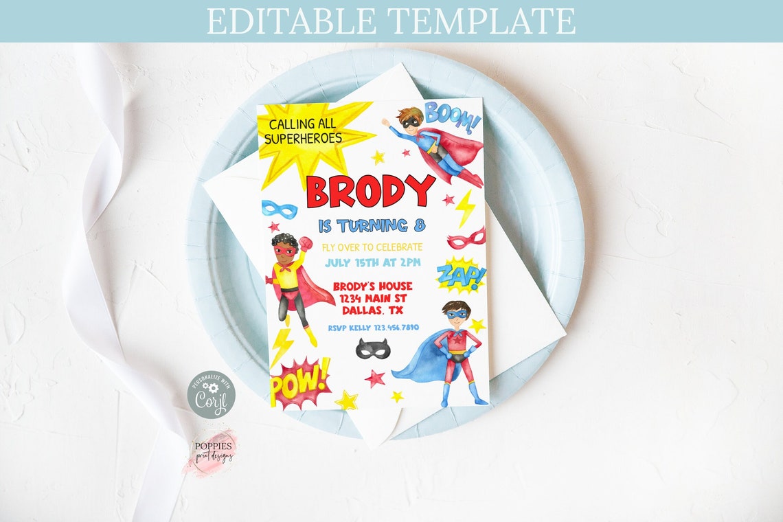 Editable Boy Superhero Birthday Party Invitation, Super Boy Birthday ...
