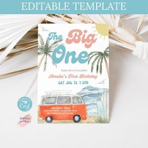 Editable Big One Birthday Party Invitation Retro Surfboard Birthday Any Age Wave Surfer Beach Party Surf&#39;s Up Invite Printable 0245