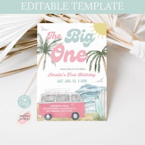 Bewerkbare uitnodiging voor verjaardagsfeestje The Big One elke leeftijd Pink Wave Surfer verjaardag retro surfplank Beach Party Surf&#39;s Up uitnodiging afdrukbare 0245