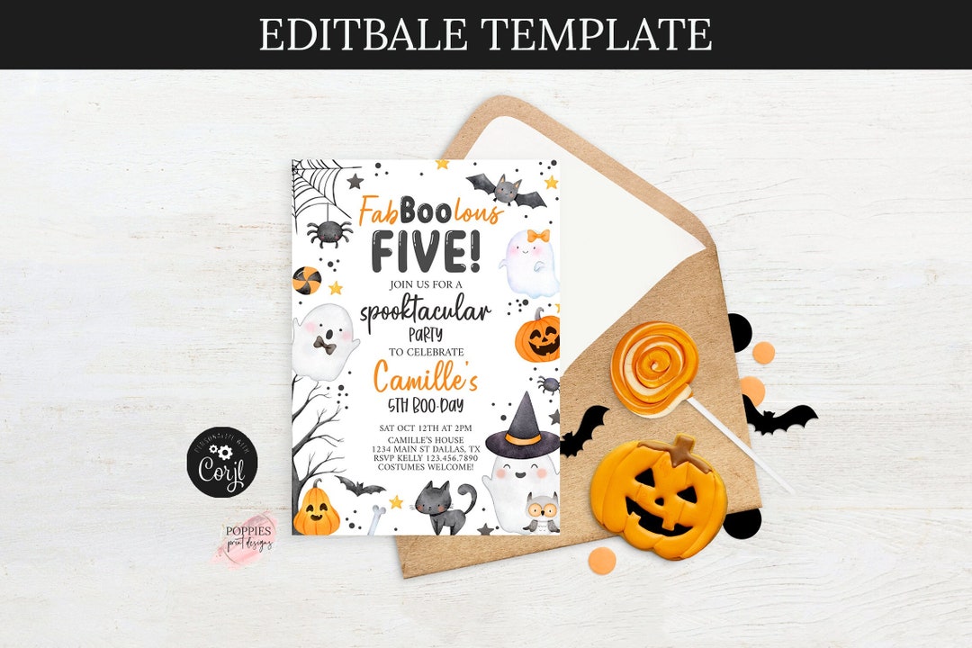 Halloween 5th Birthday Invitation Fab Boo Lous Editable Pink Ghost