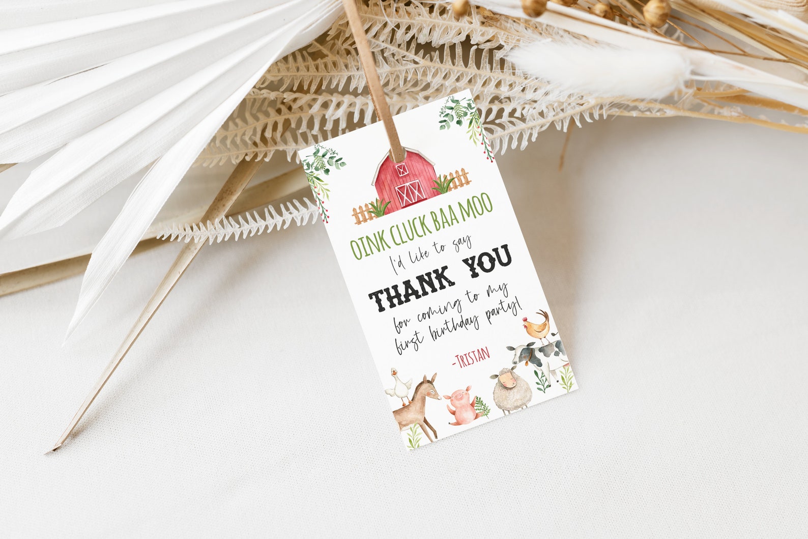 Editable Red Barnyard Birthday Thank You Tag Oink Cluck Baa Moo ...