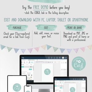 May include: Editable template for a printable design. The image shows a computer screen, tablet, and phone displaying the Corjl website. The text on the screen says "Personalize with Corjl".