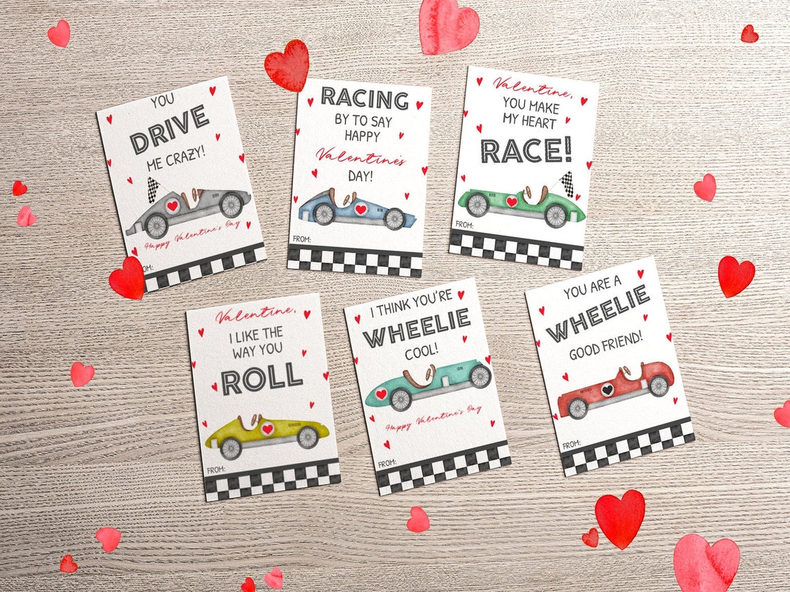 Printable Race Car Valentine's Day Cards, Print at Home Classroom Valentines Exchange, Racing ...