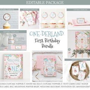 Editable Alice in Wonderland First Birthday Bundle, Tea Party Package, Onederland Birthday Decor Bundle Printable 0119