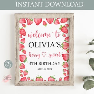 Bearbeitbares Vichykaro Süße Geburtstag Willkommensschild Süße Erdbeeren Willkommensschild Poster Sofort Download Geburtstag Printable 0150