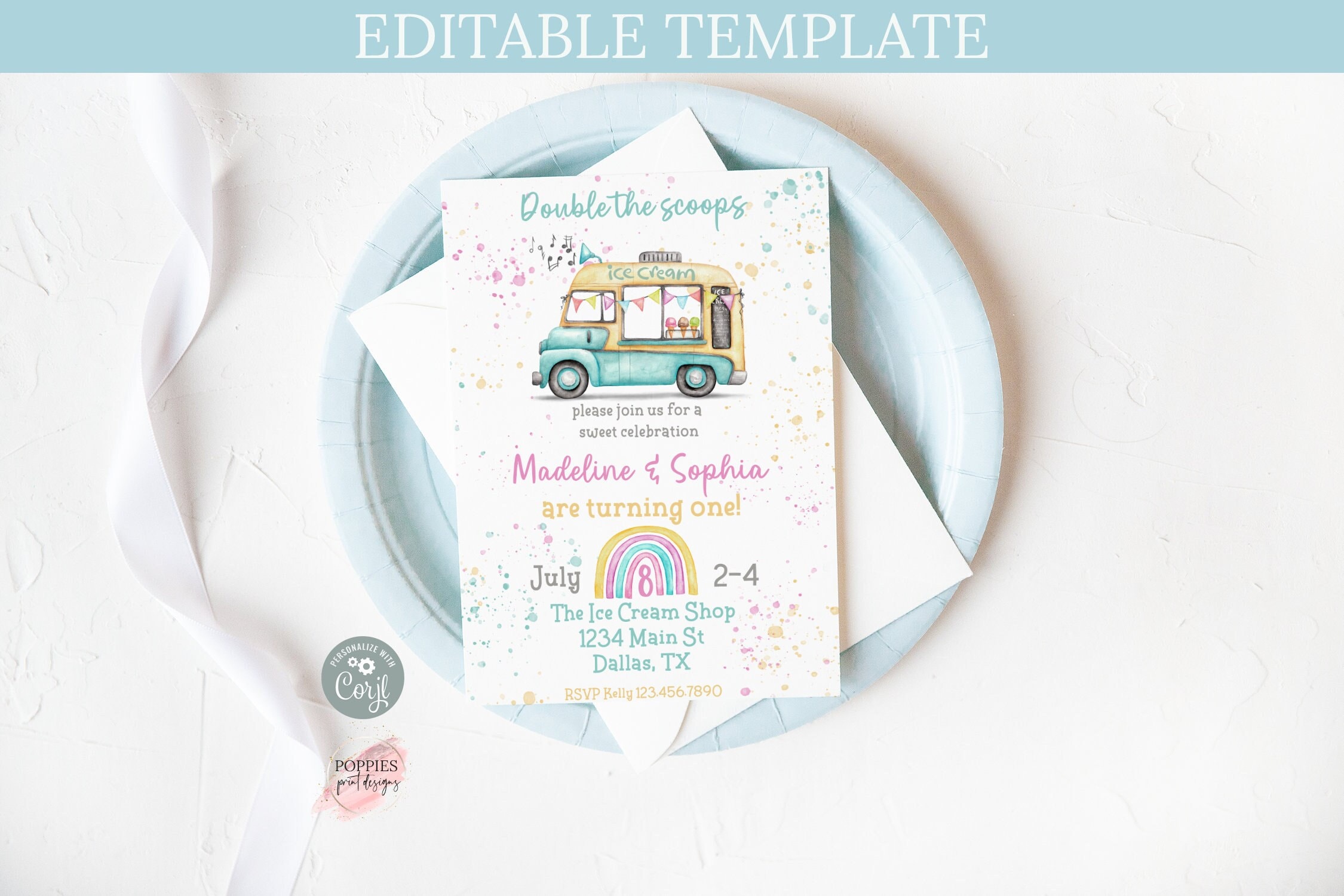 Editable Double the Scoops Twin Birthday Ice Cream Invitation -   Portugal