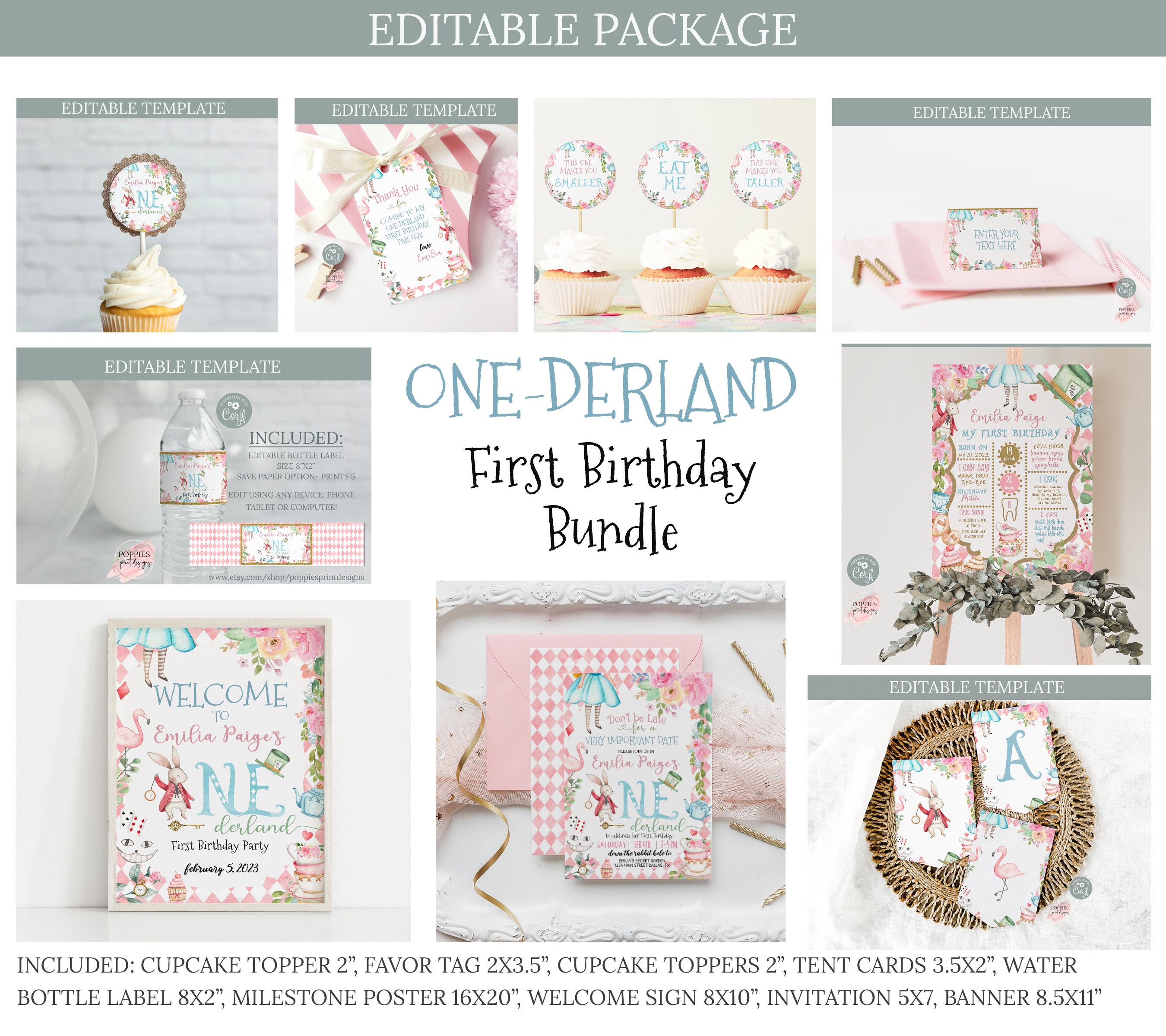 Editable Alice in Wonderland First Birthday Bundle, Tea Party Package ...
