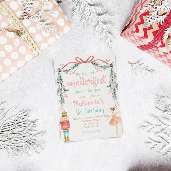 Editable Pink Nutcracker Christmas First Birthday Invitation, Most Onederful Time of the Year, Holiday Birthday Invite, Printable 0191