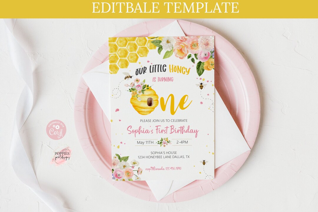 Editable Bee First Birthday Invitation 1st Bee Day Birthday Party ...