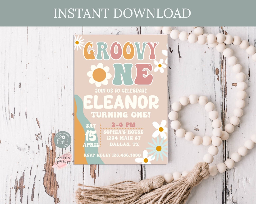 Editable Groovy One 1st Birthday Invitation Daisy Birthday Rainbow ...