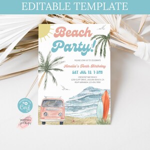 Editable Any Age Beach Birthday Party Invite Gender Neutral Wave Surfer Birthday Retro Van Surfboard Surf&#39;s Up Invitation Printable 0245