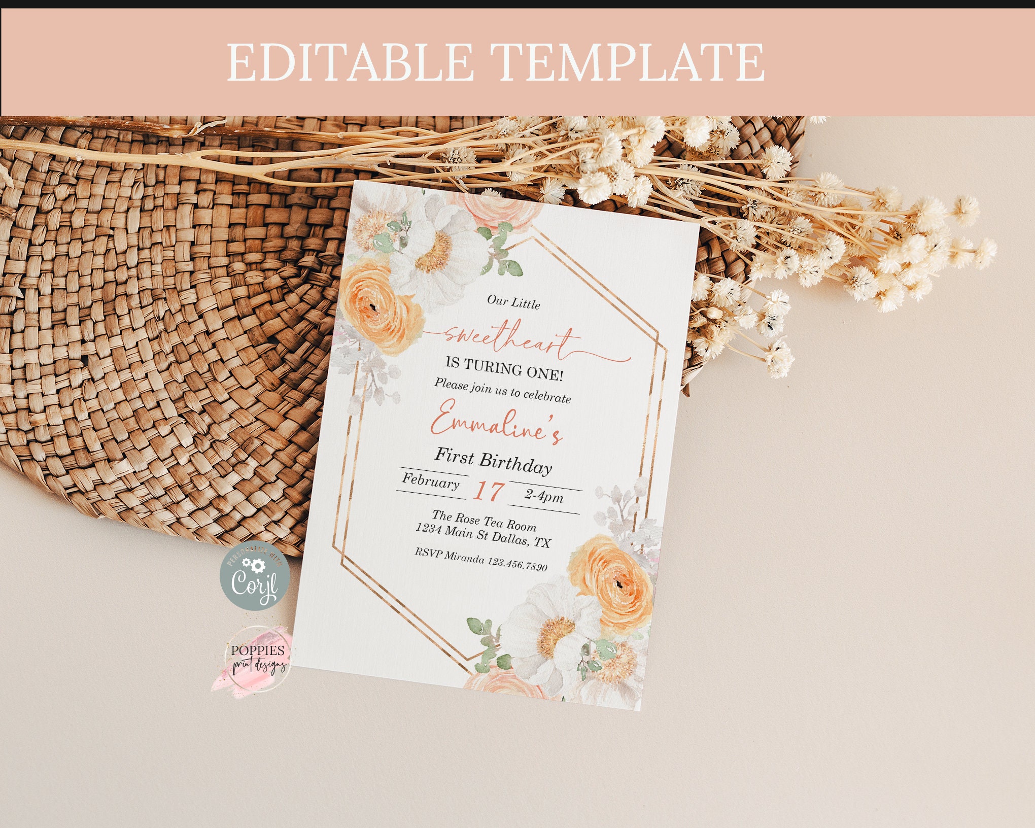 February Invite Editable Sweetheart Birthday Invitation Floral Heart Birthday Invite ...