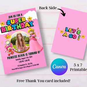 May include: Pink and white printable invitation with a cartoon princess character and the text "Super Birthday" and "Let's A Go!"  The invitation is for a child's 8th birthday party.